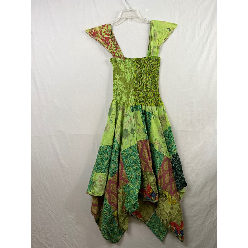 Ashley Taylor Patchwork Dress Womens OS Green Smocked Handkerchief Hem Cotton